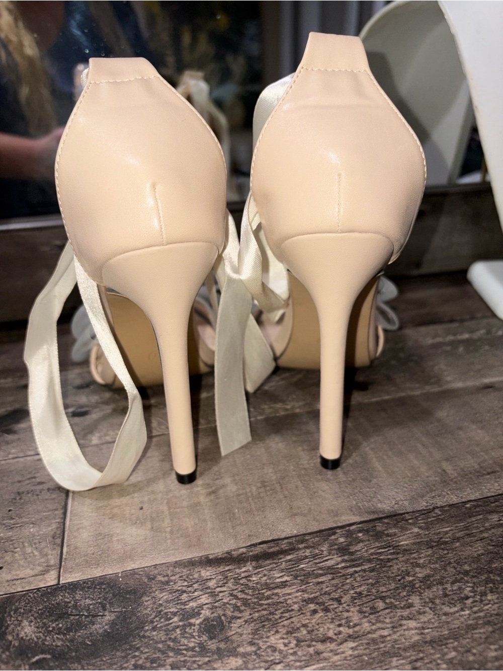 Tulle Mesh Bow Ankle Tie Stiletto Heels - Nude / Ivory - Size 37 (US 6.5) - Picture 9 of 11